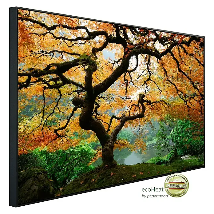 Papermoon Infrarot-Bildheizkörper Herbst Ahornbaum - 120 x 60 cm, 1.200 W - Die Leinwand zeigt einen japanischen Ahornbaum im Herbst, gerahmt in einem eleganten schwarzen Rahmen, ein Premium-Qualitätsprodukt.