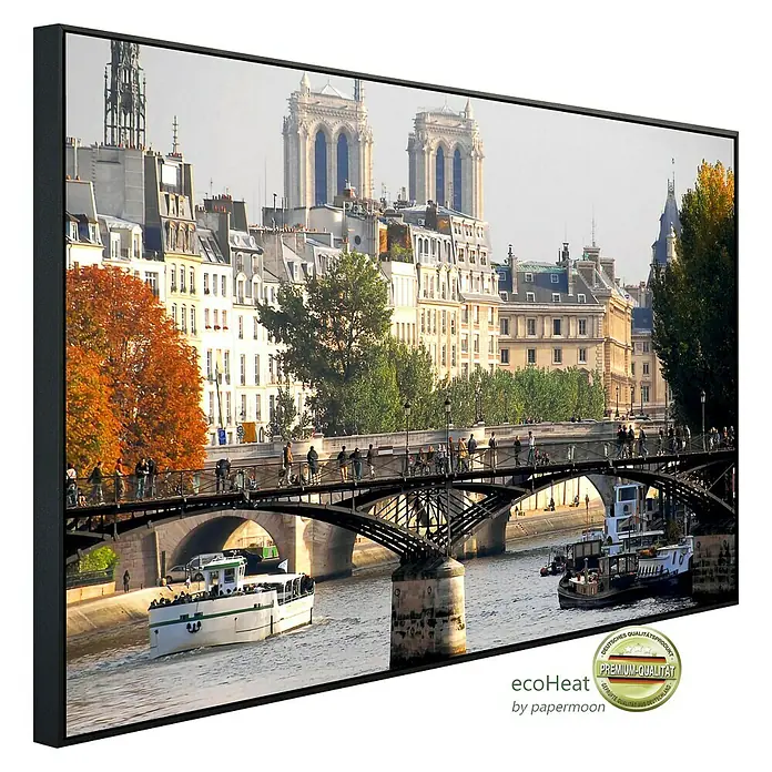 Papermoon Infrarot-Bildheizkörper Paris - 60 x 50 cm, 350 W - Ein gerahmtes Bild mit Blick auf die Seine, eine Brücke mit Fußgängern und Notre-Dame im Hintergrund, für stilvolle Wanddekoration.