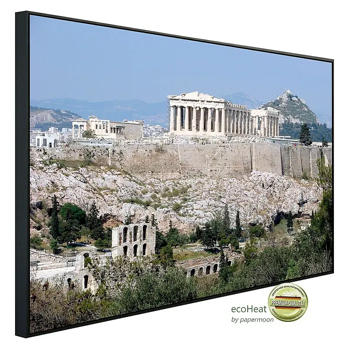 Papermoon Infrarot-Bildheizkörper Parthenon Athen 1 - 100 cm x 600 mm, 600 W - Das EcoHeat-Heizpaneel mit einem atemberaubenden Blick auf die Akropolis, das sowohl Wärme als auch Stil in jeden Raum bringt.