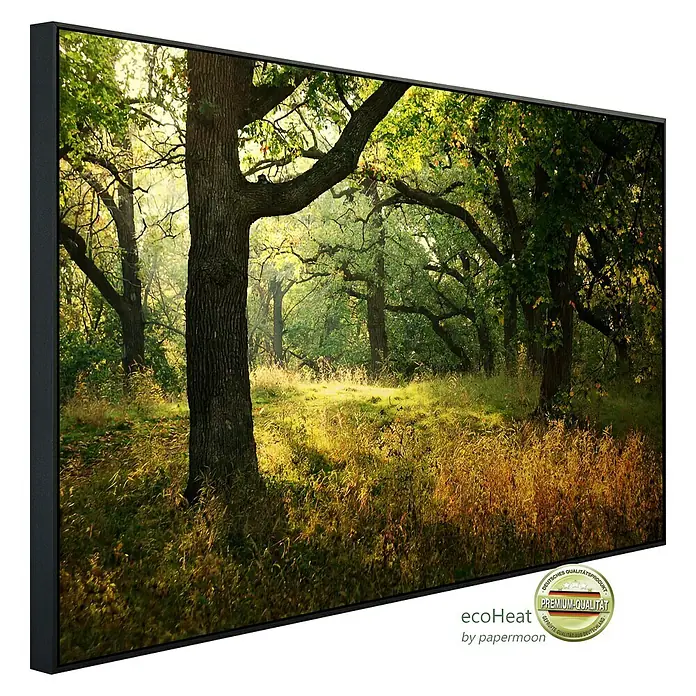 Papermoon Infrarot-Bildheizkörper Morgen Sonnenstrahl - 1.000 x 600 mm, 800 W - Das EcoHeat Infrarot-Heizpaneel zeigt eine Waldlandschaft im goldenen Licht, gerahmt in elegantem Schwarz für stilvolle Wärme.