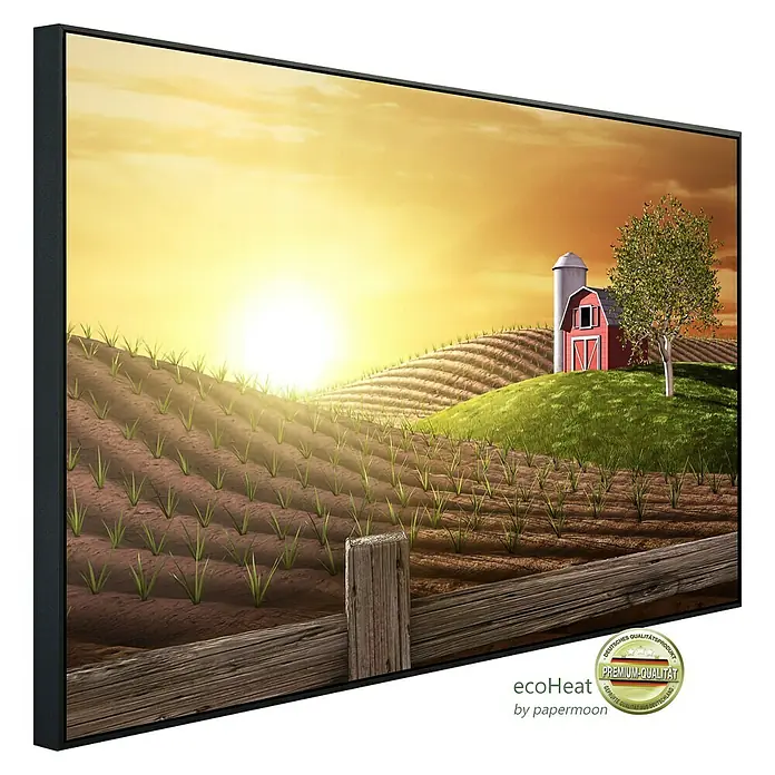 Papermoon Infrarot-Bildheizkörper Morgen auf dem Bauernhof - 120 x 60 cm, 1.200 W - Das Bild zeigt ein EcoHeat-Heizpaneel mit einem malerischen Landschaftsmotiv, das Wärme und Stil in jeden Raum bringt.