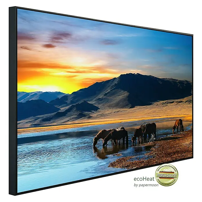 Papermoon Infrarot-Bildheizkörper Pferde trinken - 120 x 60 cm, 1.000 W - Wandbild mit einer Szene von Pferden am Wasser bei Sonnenuntergang, gerahmt und hochwertig.