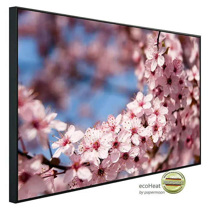 Papermoon Infrarot-Bildheizkörper Frühlingsblumen 1 - 60 x 50 cm, 350 W - Das Bild zeigt einen Ecoheat-Heizkörper mit einem schönen blühenden Kirschbaum-Motiv, der Wärme und ästhetischen Reiz vereint.