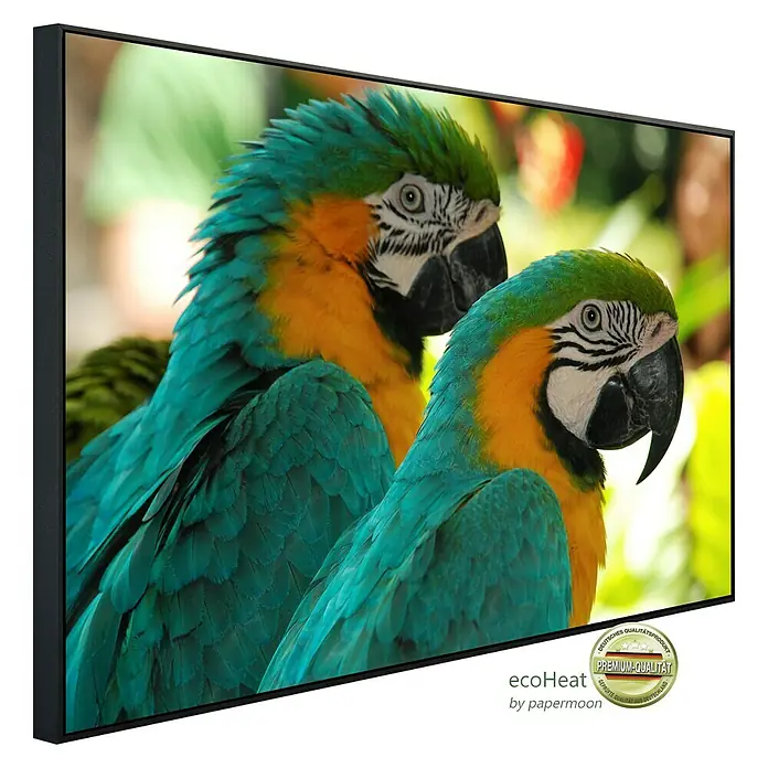 Papermoon Infrarot-Bildheizkörper Ara Liebesvögel - 60 cm x 500 mm, 350 W - Das Bild zeigt ein EcoHeat-Panel mit einem Motiv von zwei bunten Papageien, ideal für eine stilvolle und energieeffiziente Raumheizung.