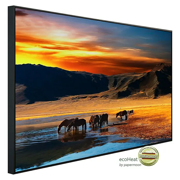 Papermoon Infrarot-Bildheizkörper Mongolische Pferde - 60 x 50 cm, 350 W - Eine Leinwand mit einem farbenprächtigen Pferdebild bei Sonnenuntergang. Hochwertiger Druck mit detaillierter Darstellung der Landschaft und Tiere.