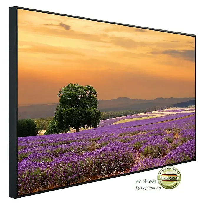 Papermoon Infrarot-Bildheizkörper Lavendelfeld 1 - 120 x 60 cm, 1.000 W - Gerahmtes Bild eines Lavendelfelds bei Sonnenuntergang, das ein Premium-Qualitätssiegel für ein deutsches Qualitätsprodukt trägt.