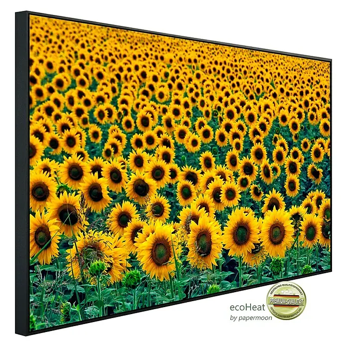 Papermoon Infrarot-Bildheizkörper Feld der Sonnenblumen 1120 x 75 cm, 900 W - Nahaufnahme eines gerahmten Kunstdrucks mit Sonnenblumenfeld, der ein Gefühl von Wärme und Naturschönheit vermittelt.