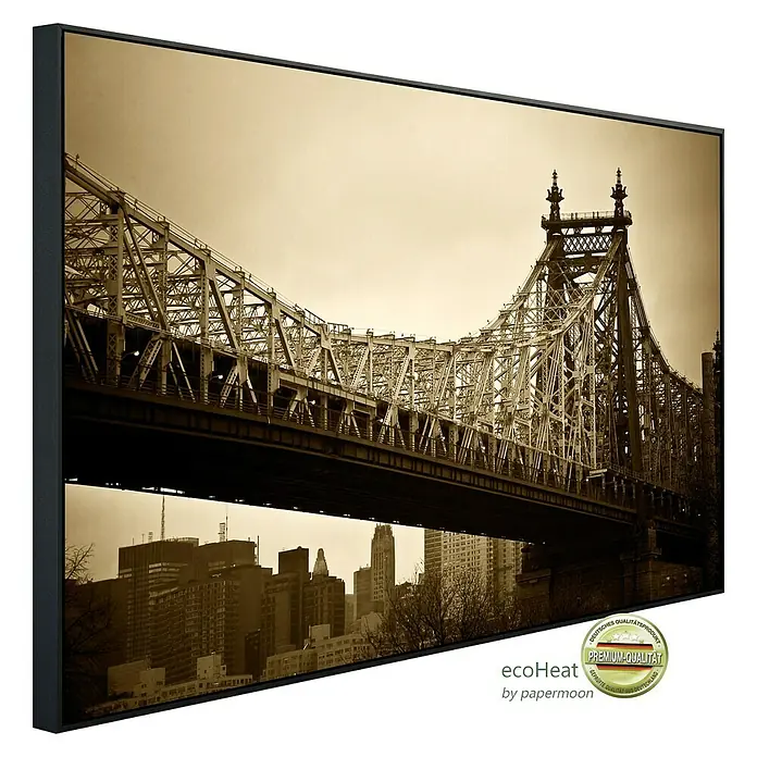 Papermoon Infrarot-Bildheizkörper New York Bridge - 90 x 50 cm, 450 W - Das Leinwandbild zeigt eine Schwarz-Weiß-Aufnahme der Queensboro Bridge in New York, gerahmt und fertig zum Aufhängen.