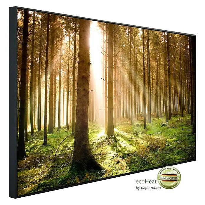 Papermoon Infrarot-Bildheizkörper Herbstkiefernwald - 900 x 500 mm, 450 W - Das Bild zeigt eine Infrarotheizung mit Waldmotiv, die eine angenehme Wärme und ein beruhigendes Ambiente in jeden Raum bringt.