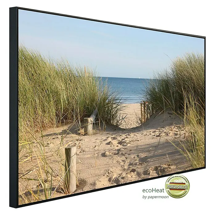 Papermoon Infrarot-Bildheizkörper Dünen in Dorset - 900 x 500 mm, 450 W - Das Ecoheat Heizpaneel mit Strandmotiv bringt Urlaubsflair in jeden Raum. Premium-Qualität für angenehme Wärme und stilvolles Design.