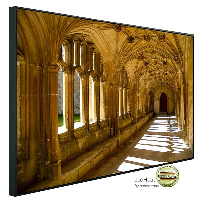 Papermoon Infrarot-Bildheizkörper Sunlit Abbey - 100 cm x 600 mm, 600 W - Hochwertige Infrarotheizung mit mittelalterlichem Klostergang-Motiv, gerahmt und mit Qualitätszertifikat versehen. Optimale Wärmeverteilung.