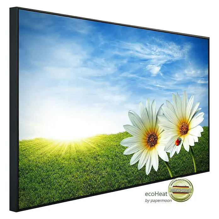 Papermoon Infrarot-Bildheizkörper Frühlingsgänseblümchen120 x 75 cm, 900 W - Produktansicht des EcoHeat-Infrarotheizpaneels mit Landschaftsmotiv, das eine effiziente und dekorative Heizlösung darstellt.