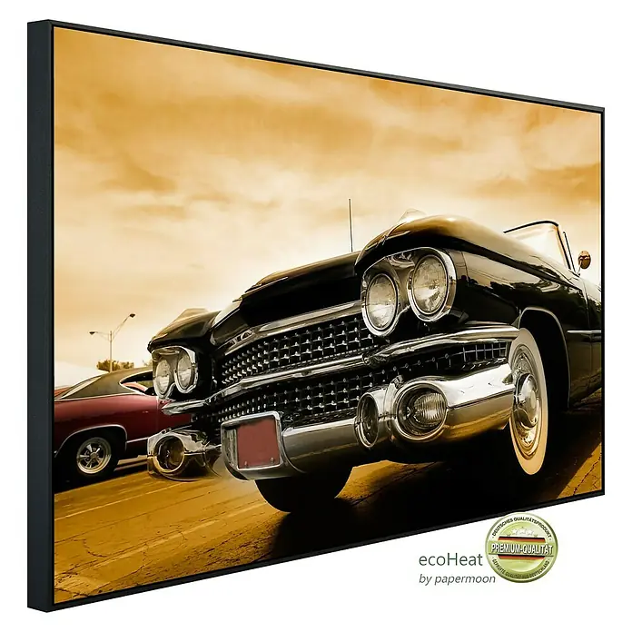 Papermoon Infrarot-Bildheizkörper Klassische Autos - 120 cm x 600 mm, 1.000 W - Das Bild zeigt einen gerahmten Druck eines Oldtimers, der die Eleganz und Nostalgie klassischer Automobile hervorhebt. Ideal für Liebhaber von Vintage-Fahrzeugen.
