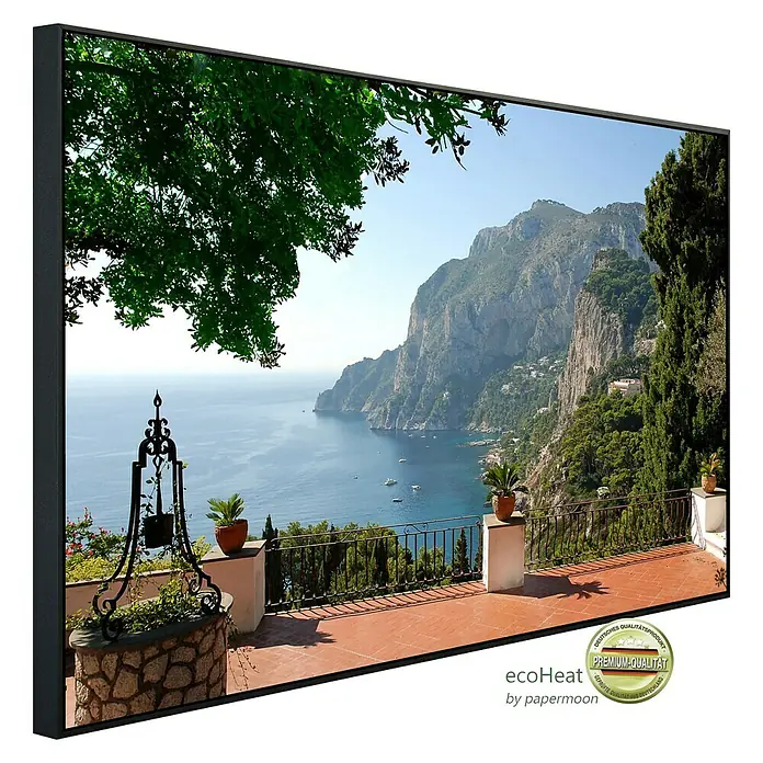 Papermoon Infrarot-Bildheizkörper Blick auf die Terrasse 2 - 90 cm x 500 mm, 450 W - Elegantes Infrarot-Heizpaneel mit malerischem Landschaftsmotiv. Hochwertige Heizung für ein angenehmes Raumklima mit stilvollem Design.