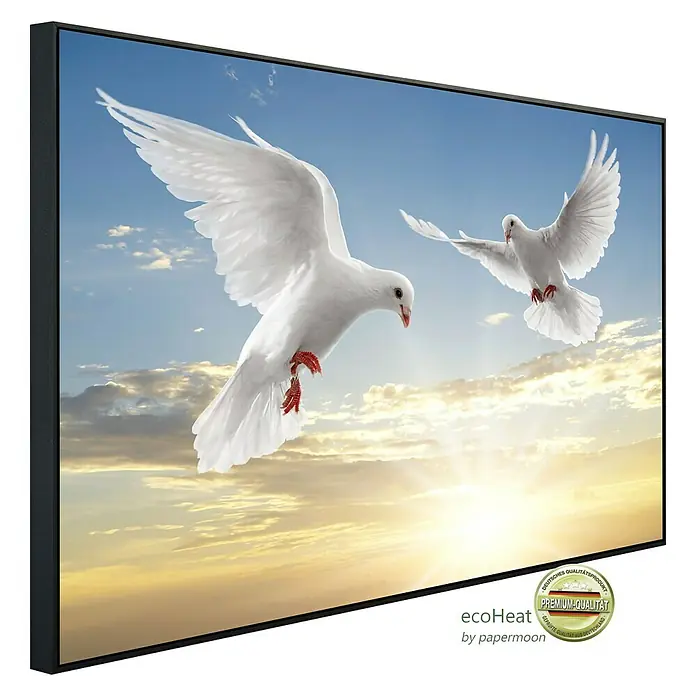 Papermoon Infrarot-Bildheizkörper Weiße Tauben - 100 x 60 cm, 600 W - Ein Infrarot-Heizpaneel von EcoHeat mit einem friedlichen Bild von zwei weißen Tauben im Flug vor einem Sonnenuntergang.