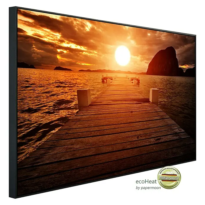 Papermoon Infrarot-Bildheizkörper Steg im Sonnenuntergang 2 - 100 x 60 cm, 600 W - Das Ecoheat Infrarot-Heizpaneel mit einem atemberaubenden Sonnenuntergangs-Motiv ist eine stilvolle und effiziente Heizlösung.