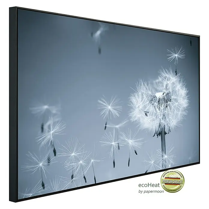Papermoon Infrarot-Bildheizkörper Löwenzahn im Wind 1 - 120 x 60 cm, 1.000 W - EcoHeat Infrarotheizung mit Pusteblumenmotiv, gerahmt und elegant, für ein angenehmes Raumklima und stilvolles Design.