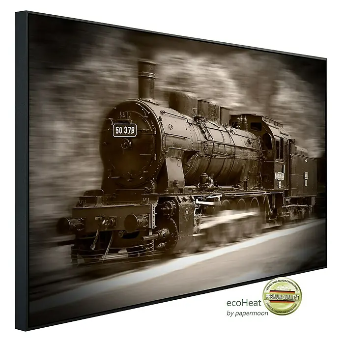 Papermoon Infrarot-Bildheizkörper Dampflokomotive - 90 x 50 cm, 450 W - Das Ecoheat Infrarot-Heizpaneel mit historischem Zugmotiv, ein deutsches Qualitätsprodukt für behagliche Wärme.
