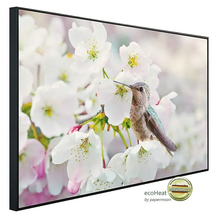 Papermoon Infrarot-Bildheizkörper Cherryblüten - 60 x 50 cm, 350 W - Heizpaneel mit einem Bild eines Kolibris auf Kirschblüten. Hochwertiges, effizientes EcoHeat Heizsystem mit stilvollem Design.