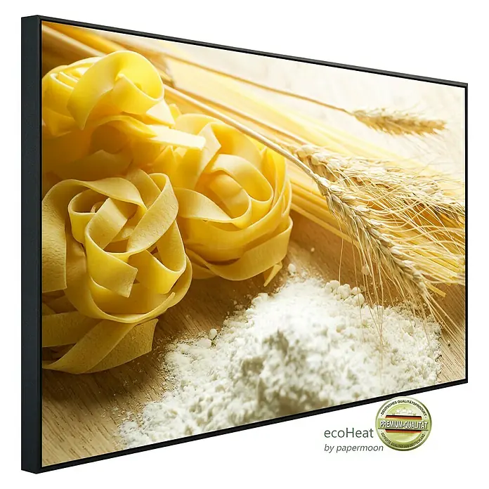 Papermoon Infrarot-Bildheizkörper Pasta - 100 x 60 cm, 800 W - Das Infrarot-Heizpaneel zeigt ein Motiv von Nudeln, Weizenähren und Mehl, das eine warme, einladende Atmosphäre schafft.