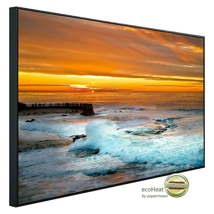 Papermoon Infrarot-Bildheizkörper Sonnenuntergang in La Jolla - 100 x 60 cm, 800 W - EcoHeat Infrarotheizung mit einem atemberaubenden Sonnenuntergang über dem Meer, gerahmt in elegantem Schwarz.