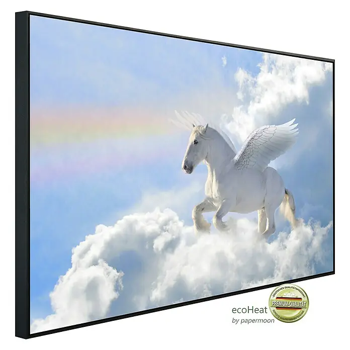Papermoon Infrarot-Bildheizkörper Pegasus in den Wolken - 90 x 50 cm, 450 W - Das Ecoheat Infrarot-Heizpaneel mit einem weißen Pegasus im Himmel. Ideal für eine angenehme, energieeffiziente Wärme in Ihrem Zuhause.