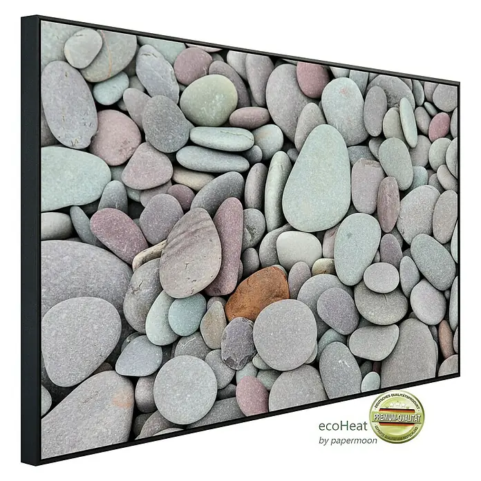 Papermoon Infrarot-Bildheizkörper Kieselsteine - 120 x 60 cm, 1.000 W - Eine Nahaufnahme eines gerahmten Heizpaneels mit einem Kieselsteinmuster für eine natürliche und stilvolle Wärme.