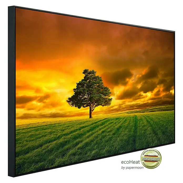 Papermoon Infrarot-Bildheizkörper Horizont Sonnenuntergang - 120 x 60 cm, 1.000 W - EcoHeat Infrarotheizung mit Motiv Baum bei Sonnenuntergang.