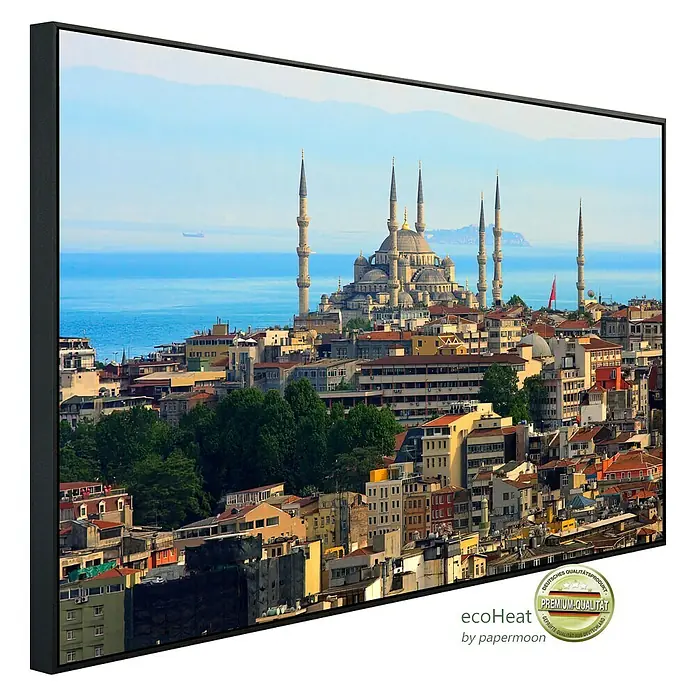 Papermoon Infrarot-Bildheizkörper Istanbul Skyline - 100 x 60 cm, 600 W - Hochwertiges gerahmtes Bild mit Blick auf die Blaue Moschee in Istanbul. Premium-Qualität für Ihr Zuhause oder Büro.