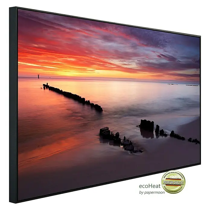 Papermoon Infrarot-Bildheizkörper Baltischer Sonnenaufgang - 100 x 60 cm, 800 W - Das Bild zeigt eine gerahmte Leinwand mit einem Sonnenuntergang am Strand, ein stimmungsvolles Dekorationsstück.