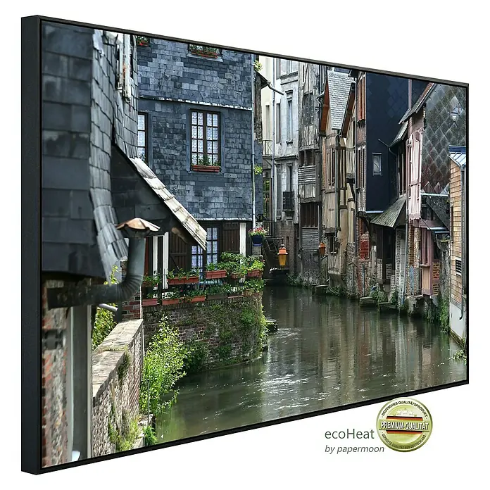 Papermoon Infrarot-Bildheizkörper Venedig 2 - 90 x 50 cm, 450 W - Das gerahmte Wandbild zeigt eine malerische Ansicht eines Kanals mit historischen Gebäuden. Premium-Qualität und einzigartiges Design für Ihr Zuhause.