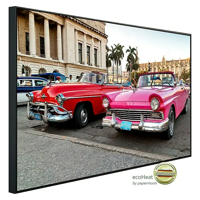 Papermoon Infrarot-Bildheizkörper Havanna Oldtimer 2 - 60 x 50 cm, 350 W - Gerahmtes Bild von Oldtimern in Havanna, Kuba. Das lebendige Foto zeigt zwei klassische Autos in leuchtenden Farben und fängt die Essenz des kubanischen Flairs ein.