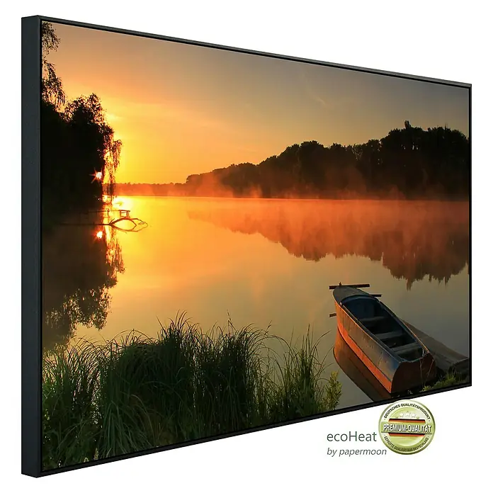 Papermoon Infrarot-Bildheizkörper Misty Lake - 100 x 60 cm, 800 W - Leinwandbild mit friedlicher See-Szene bei Sonnenaufgang, gerahmt und fertig zum Aufhängen. Hochwertiges Wanddekor für Ihr Zuhause.