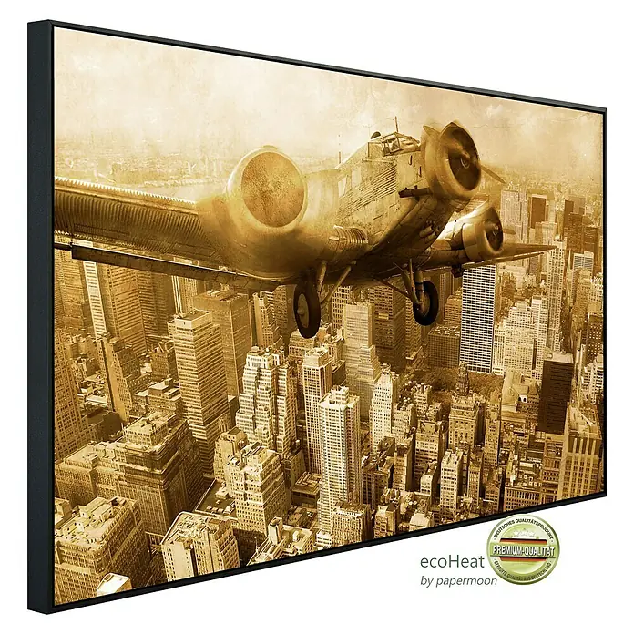 Papermoon Infrarot-Bildheizkörper Flugzeug über Manhattan - 100 x 60 cm, 600 W - Das Wandbild zeigt ein Flugzeug über einer Stadt. Die Sepia-Töne verleihen dem Bild einen Vintage-Look, ideal für moderne Wohnräume.