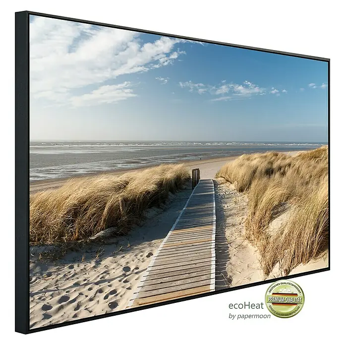 Papermoon Infrarot-Bildheizkörper Dünen in Langeoog - 100 x 60 cm, 600 W - Das Leinwandbild zeigt einen malerischen Weg zum Strand, umrahmt von Dünen, und fängt die Ruhe der Küstenlandschaft ein.