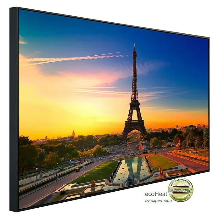 Papermoon Infrarot-Bildheizkörper Pariser Eiffelturm 1 - 100 x 60 cm, 800 W - Wandbild mit Paris-Motiv bei Sonnenaufgang. Ein elegantes Kunstwerk, das jedem Raum Atmosphäre verleiht.\n