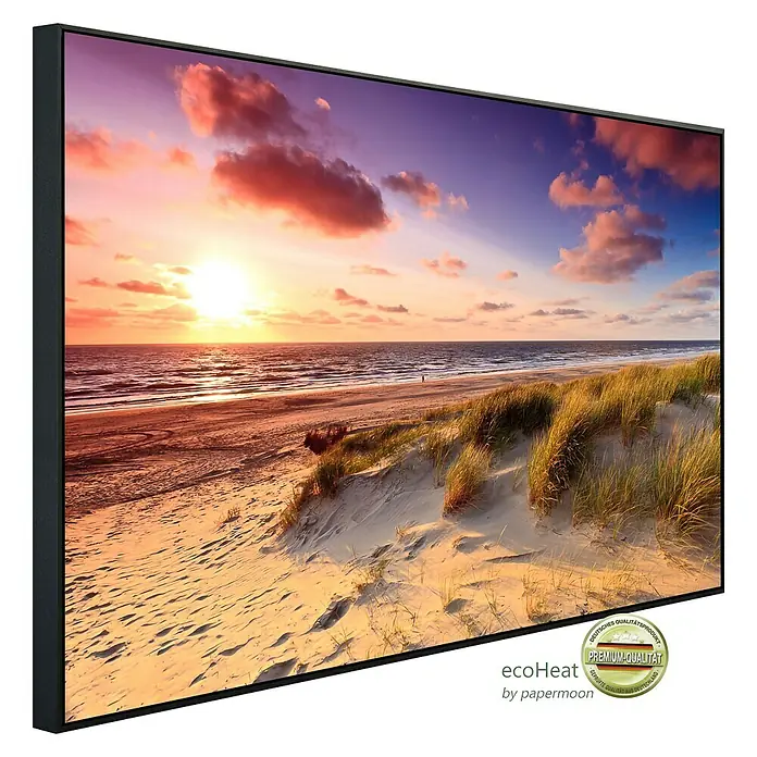 Papermoon Infrarot-Bildheizkörper Dünen Sonnenuntergang 1 - 100 x 60 cm, 600 W - Das EcoHeat Paneelbild mit Strandmotiv fängt die friedliche Atmosphäre eines Sonnenuntergangs am Meer ein. Premium-Qualität für Ihr Zuhause.