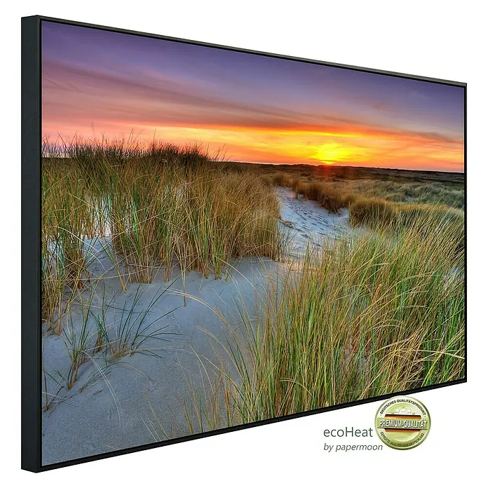 Papermoon Infrarot-Bildheizkörper Dünen Sonnenuntergang 3 - 90 x 50 cm, 450 W - Ein gerahmtes Wandbild mit einem farbenprächtigen Sonnenuntergang über einer Dünenlandschaft. Das Premium-Qualitäts Produkt ist ein echter Hingucker.