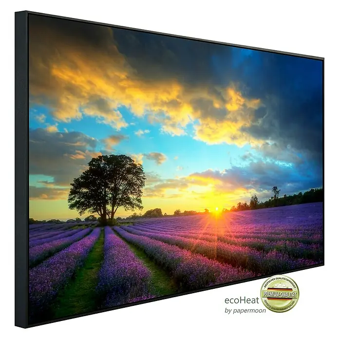 Papermoon Infrarot-Bildheizkörper Lavendelfelder - 100 x 60 cm, 600 W - Das Bild zeigt ein gerahmtes Wandbild mit einem Lavendelfeld bei Sonnenuntergang. Premium-Qualität für Ihr Zuhause.