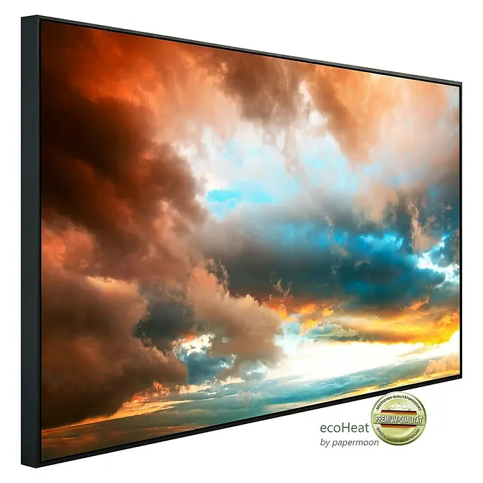 Papermoon Infrarot-Bildheizkörper Dramatischer Sonnenuntergang - 60 x 50 cm, 350 W - Nahaufnahme eines EcoHeat-Infrarotheizkörpers mit Wolkenmuster und schwarzem Rahmen. Premium-Qualität für gemütliche Wärme.