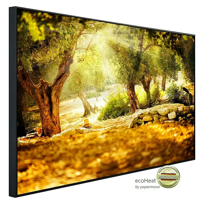 Papermoon Infrarot-Bildheizkörper Olivenbäume - 100 x 60 cm, 800 W - Ein gerahmtes Bild mit einer goldenen Landschaft und Bäumen, die von der Sonne durchflutet werden. Premium-Qualität für Ihr Zuhause.