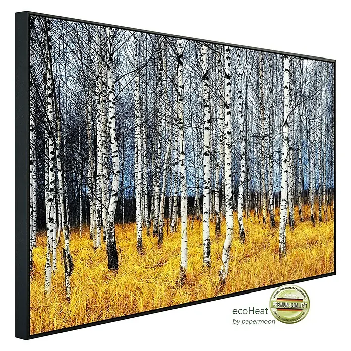 Papermoon Infrarot-Bildheizkörper Herbst Birkenhain - 900 x 500 mm, 450 W - Ein gerahmtes Leinwandbild mit einer Birkenwaldszene in warmen Herbstfarben, ein dekoratives Wandkunstwerk.