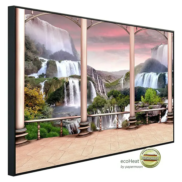 Papermoon Infrarot-Bildheizkörper Wasserfall Design - 120 x 60 cm, 1.000 W - EcoHeater-Wandpaneel mit Wasserfallmotiv. Das Paneel zeigt einen üppigen Wasserfall, gesehen von einem Balkon mit Säulen, ideal für eine entspannende Raumatmosphäre.