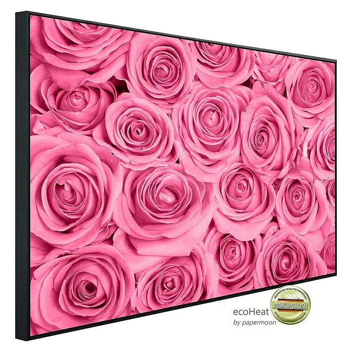 Papermoon Infrarot-Bildheizkörper Rosa Rosen 1 - 120 x 60 cm, 1.000 W - Nahaufnahme eines stilvollen, gerahmten Wandbilds mit rosafarbenen Rosen, das jedem Raum eine elegante Note verleiht.\n