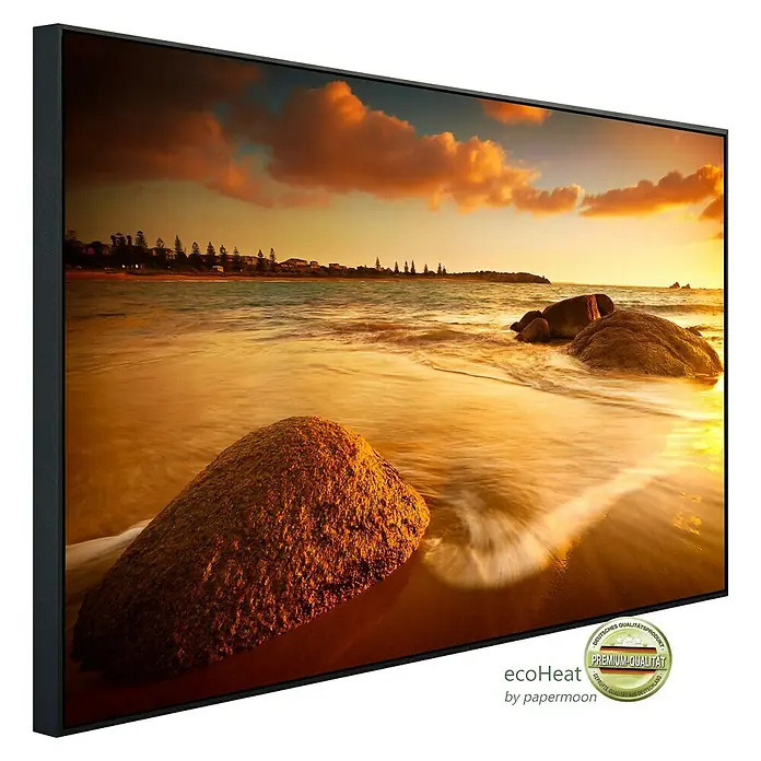 Papermoon Infrarot-Bildheizkörper Sun Tinted Beach - 120 x 60 cm, 1.200 W - Gerahmtes Wandbild mit einem goldenen Strand bei Sonnenuntergang, ideal für eine warme Atmosphäre in jedem Raum.