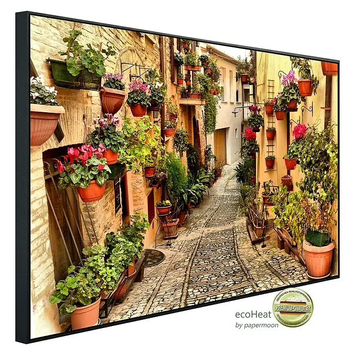 Papermoon Infrarot-Bildheizkörper Gasse in Spello Umbrien - 60 x 50 cm, 350 W - Gerahmtes Wandbild mit bezaubernder Gasse voller Blumen, ein hochwertiges Deko-Element für stilvolles Wohnen mit deutschem Qualitätsprodukt.