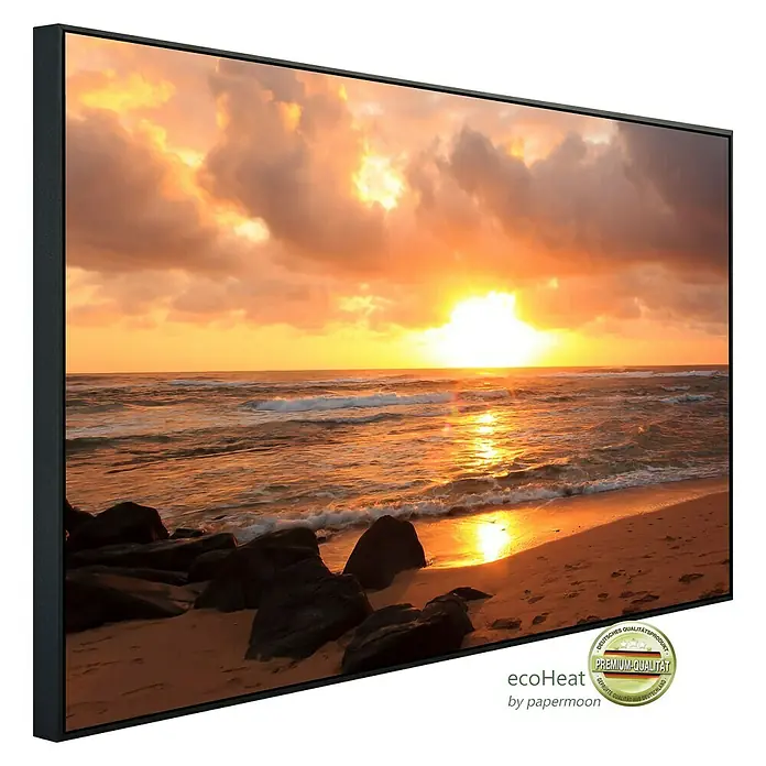 Papermoon Infrarot-Bildheizkörper Sonnenaufgang über Lihue Beach - 60 x 50 cm, 350 W - Gerahmtes Leinwandbild mit Sonnenuntergang am Strand.