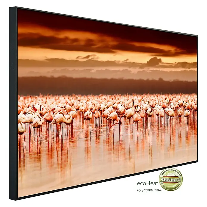 Papermoon Infrarot-Bildheizkörper Afrikanische Flamingos - 90 x 50 cm, 450 W - Stilvolles gerahmtes Bild mit Flamingos im See bei Sonnenuntergang. Hochwertiger Kunstdruck für ein modernes Zuhause.