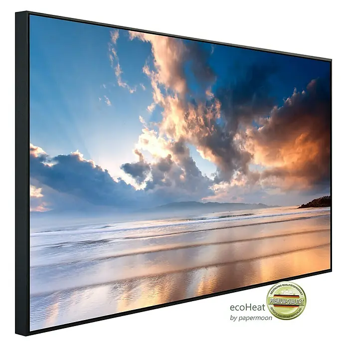 Papermoon Infrarot-Bildheizkörper Strand Morgen Sonnenaufgang - 60 x 50 cm, 350 W - EcoHeat-Infrarotheizung mit einem atemberaubenden Strandmotiv bei Sonnenuntergang, das eine warme Atmosphäre schafft.