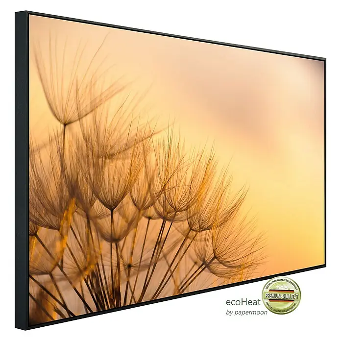 Papermoon Infrarot-Bildheizkörper Löwenzahn Sonnenuntergang - 60 x 50 cm, 350 W - Nahaufnahme eines EcoHeater-Bildes mit Löwenzahnmotiv vor warmem Hintergrund. Elegantes Design für stilvolle Wärme.